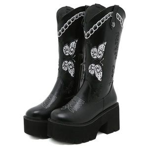 platform butterfly embroidered cowboy boots